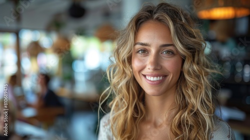 Smiling woman with curly hair in a cafe. Portrait photography with bokeh background