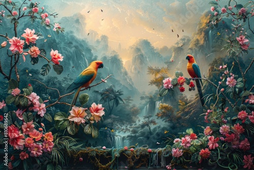 Richly detailed mural wall art of a utopian ancient jungle, alive with tropical birds and exotic animals.