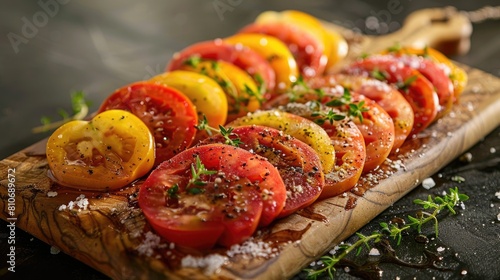 Fresh Tomato Medley with Herbs on a Rustic Cutting Board