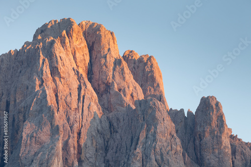 The northern side of Sasso Lungo at sunset from the Val Gardena area