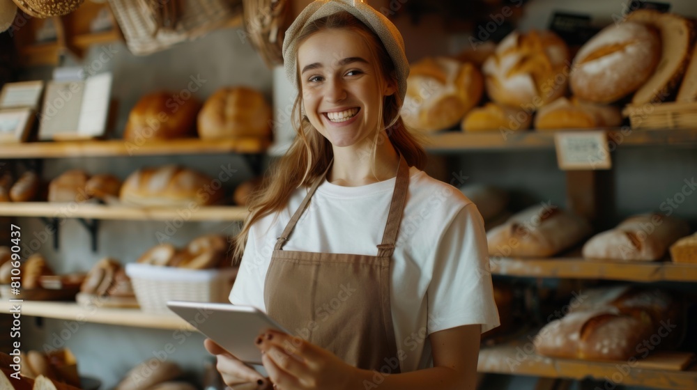 Smiling Baker with Digital Tablet