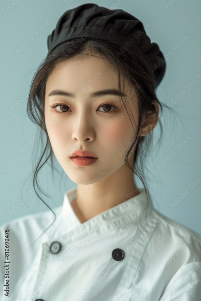 Portrait of a young Asian female chef in professional attire on blue background