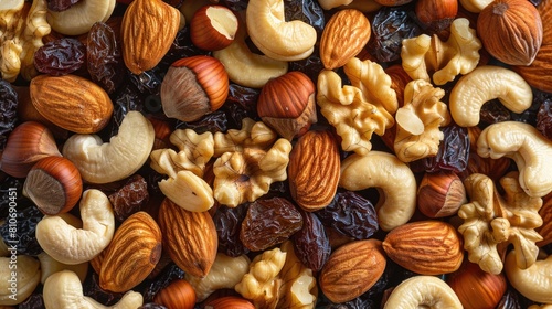 Fototapeta Naklejka Na Ścianę i Meble -  Assorted nuts and dried fruits close-up. Healthy snacks and nutritious food concept.