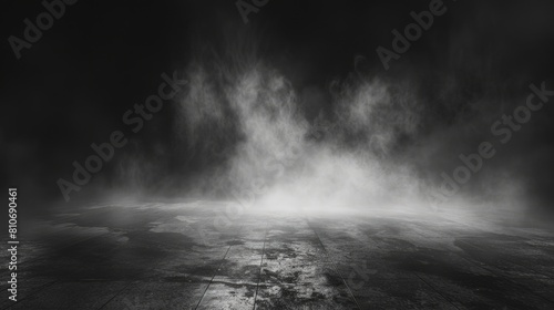Mysterious dark room with swirling smoke.