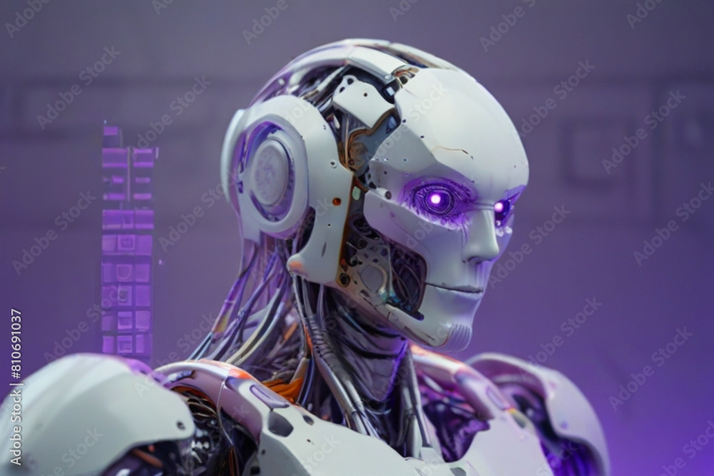 Humanoid robot I.A. With wires in the brain, working on the realistic hologram, white, orange and purple colors mixed in the real high-definition photo background