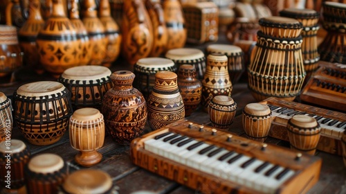 Musical Instruments Creating a Harmonic Symphony Create an image where traditional musical instruments from various cultures are set up as if in a concert photo