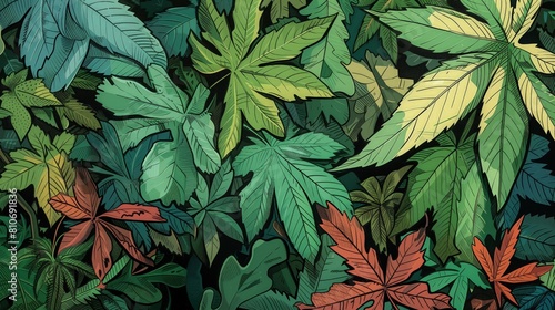 Wyraźne zdjęcie zbioru liści rozrzuconych po ziemi. Liście różnych kolorów i kształtów ułożone na podłożu przyrody photo