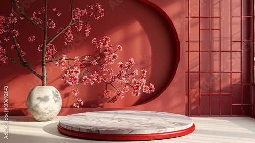 pink flower in a white vase on a marble table against a red background 