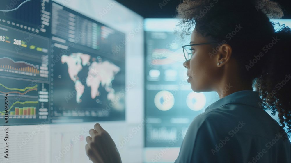 close-up of a detailed financial presentation on a digital whiteboard behind a financial advisor and her client, discussing strategies and forecasts close-up of a detailed financial presentation on a digital whiteboard behind a financial advisor and her client, discussing strategies and forecasts