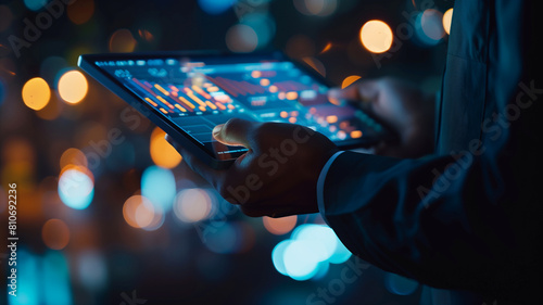 close-up of a businessman's hands holding a transparent tablet displaying glowing stock market data and graphs, dark, blurred office setting, with copy space photo