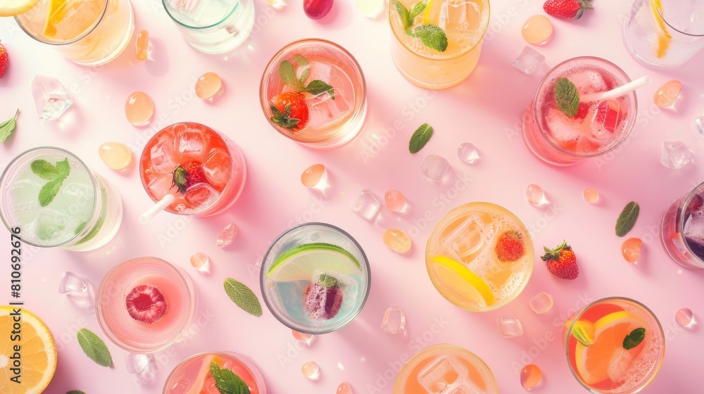 A row of colorful drinks with ice and fruit garnish