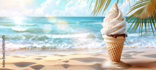 Vanilla ice cream cone in Palm Beach. Vector advertising poster with realistic 3d ice 