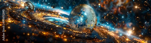 The Cryptocurrency Clockwork Universe A surreal universe where planets and stars are replaced by digital currency symbols, surrounded by classic product symbols like a pocket watch and a compass photo
