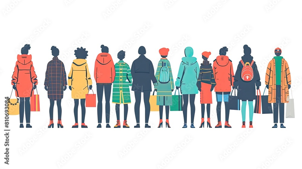 A group of people standing in a line, some of them holding shopping bags A group of people standing in a line, some of them holding shopping bags