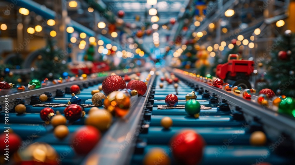 Fototapeta premium The Festive Conveyor Belt A surreal conveyor belt transporting holiday decorations and work tools, symbolizing the continuous flow of holiday cheer and diligent effort
