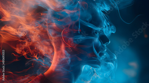 A dramatic illustration showing a man's profile and hand amidst swirling blue and orange flames, symbolizing energy and transformation with dynamic color contrast