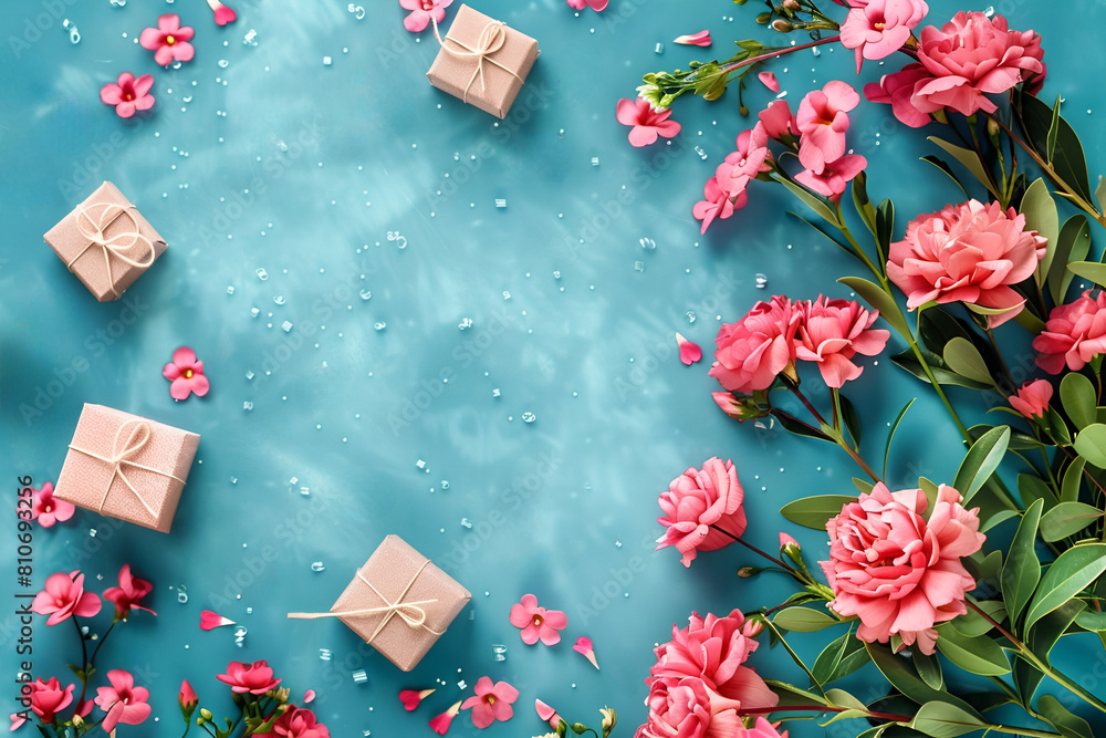 Mother's Day celebration with lush pink flowers and scattered gift boxes on a vibrant blue background, perfect for retail marketing and seasonal greeting cards Mother's Day celebration with lush pink flowers and scattered gift boxes on a vibrant blue background, perfect for retail marketing and seasonal greeting cards