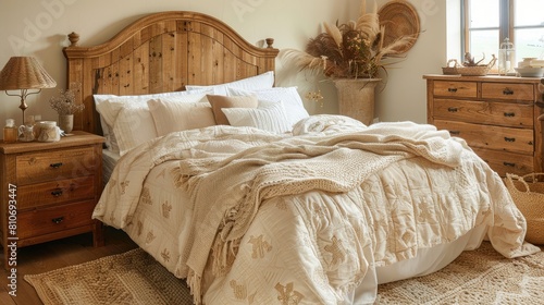 A bedroom with a wooden headboard and a white bedspread