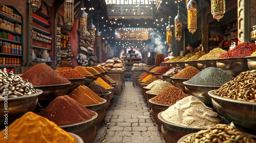The Virtual Spice Bazaar A surreal bazaar where digital screens showcase spices and herbs, alongside traditional spice stalls, symbolizing the digitization of traditional market goods photo