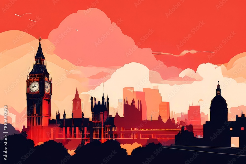 a painting of Sunset skyline of Big Ben abd Houses of Parliament in London