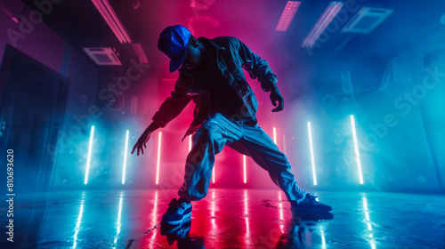 Hip Hop dancer dancing on a stage in neon colors. The young man is likely showcasing his dancing skills in a performance setting. Modern dance, clothing, performance art, and music.