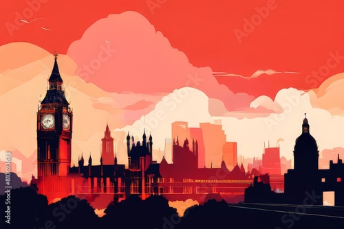 a painting of Sunset skyline of Big Ben abd Houses of Parliament in London photo
