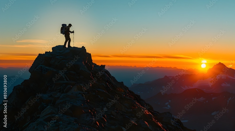 Conquering the Summit Silhouetted Hiker Overlooking Breathtaking Mountain Landscape at Sunset Conquering the Summit Silhouetted Hiker Overlooking Breathtaking Mountain Landscape at Sunset