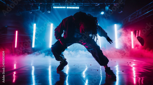 Hip Hop dancer dancing on a stage in neon colors. The young man is likely showcasing his dancing skills in a performance setting. Modern dance, clothing, performance art, and music.