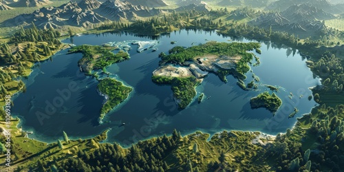 A lake with the shape of the world's continents in the middle of untouched natural island forest 