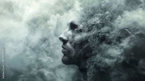 A haunting illustration of a man's profile shrouded in swirling mist, captured in cool, muted tones for a mysterious effect