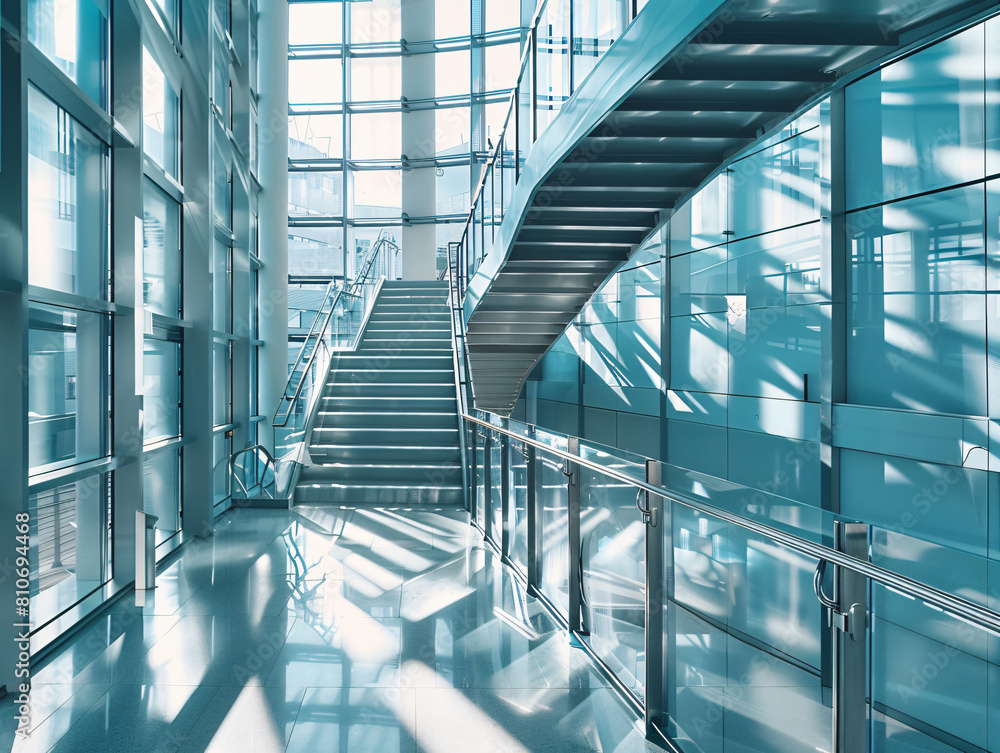 A modern building with a glass facade and a staircase made of glass and metal. The staircase has a glass railing and leads up to a second floor. A modern building with a glass facade and a staircase made of glass and metal. The staircase has a glass railing and leads up to a second floor.
