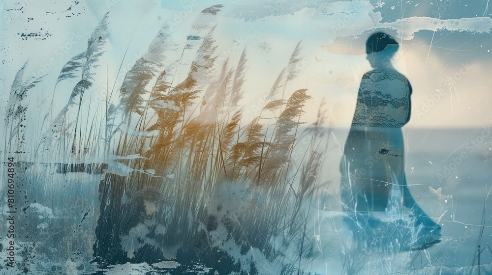 Fototapeta premium Na zdjęciu widać osobę stojącą w polu pełnym wysokiej trawy. Osoba ta wydaje się obserwować otaczającą naturę, której harmonia jest niezwykle ujmująca