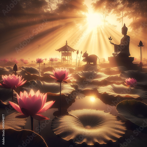 Wallpaper Mural landscape with lotus flowers.Generative AI Torontodigital.ca