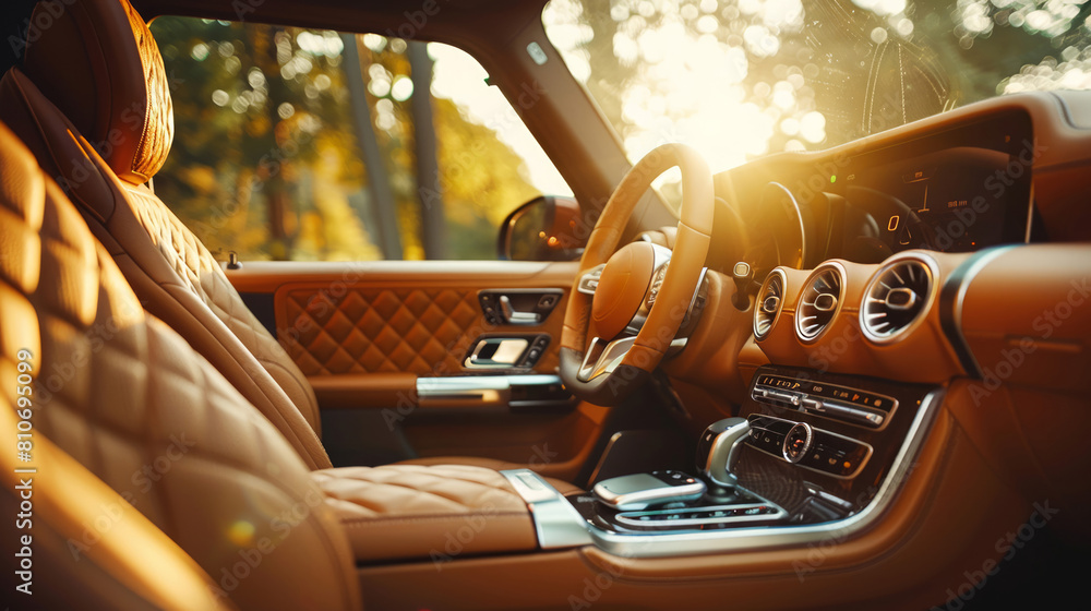 Sunlit high-end vehicle cabin featuring tan quilted upholstery and sleek dashboard