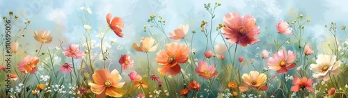 Watercolor style wallpaper delicate flowers sway in the breeze, their petals a riot of color against the verdant backdrop of the countryside.