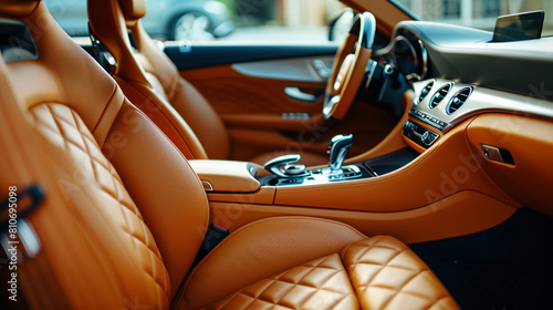 Close-up of luxury car interior with caramel leather seats and modern console