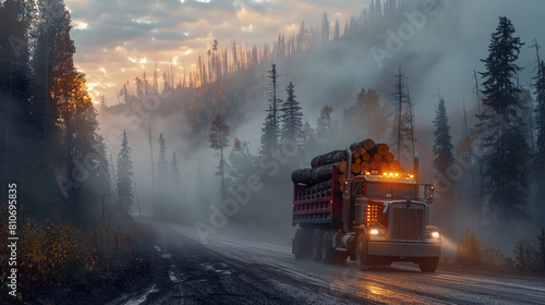 Loaded logging truck on misty forest road with dawn's early light