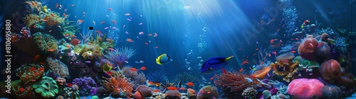 A beautiful underwater scene with various types of fish swimming around a coral reef