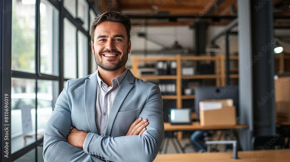Confident businessman with arms folded smiling in modern office - Professional corporate leadership and positive workplace environment Confident businessman with arms folded smiling in modern office - Professional corporate leadership and positive workplace environment