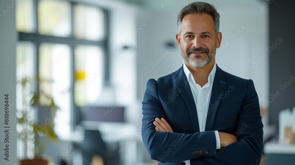 Confident businessman with arms folded smiling in modern office - Professional corporate leadership and positive workplace environment Confident businessman with arms folded smiling in modern office - Professional corporate leadership and positive workplace environment