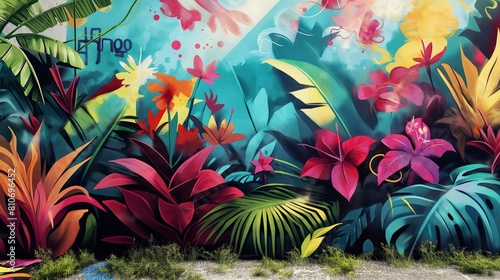 Mural przedstawiający tropikalne rośliny i kwiaty malowane na ścianie. Wizualizacja obfituje w różnorodność roślinności, od palm po egzotyczne kwiaty, tworząc dynamiczny i barwny motyw