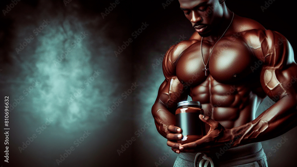 Muscular bodybuilder body shape holds a can of drink in his hands. Advertising banner about the benefits of sports protein Muscular bodybuilder body shape holds a can of drink in his hands. Advertising banner about the benefits of sports protein