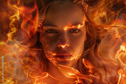 Young Caucasian Woman Surrounded by Flames - Abstract Fiery Texture on Transparent Background