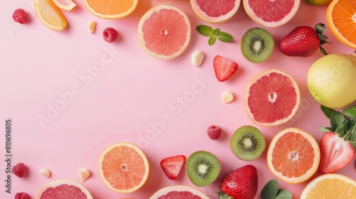 A colorful assortment of fruits including oranges  lemons  kiwis  and grapes