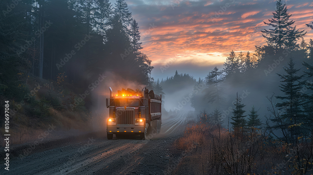 Loaded logging truck on misty forest road with dawn's early light