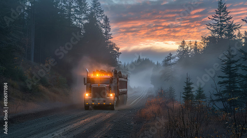 Loaded logging truck on misty forest road with dawn's early light