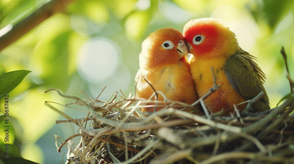 Lovebirds nestling together in a cozy embrace, Lovebirds nestling together in a cozy embrace,