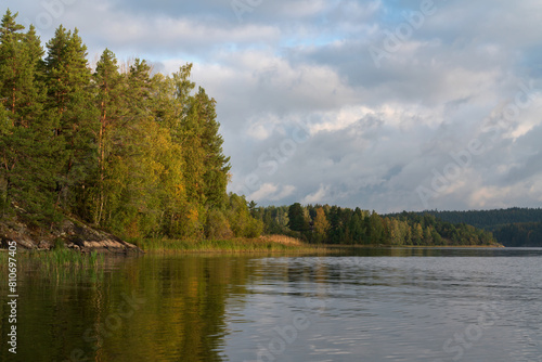 Lake Ladoga near the village Lumivaara on a sunny autumn day, Ladoga skerries, Lakhdenpokhya, Republic of Karelia, Russia
