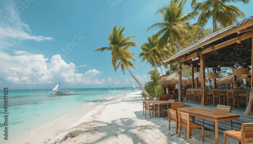 A beach with a wooden deck and tables with chairs by AI generated image