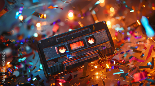 Vintage music cassette amidst colorful party confetti with sparkling lights photo